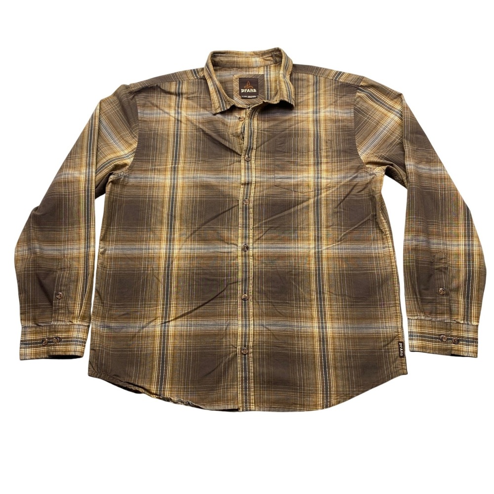 Prana Broderick Mens XL Brown Plaid Organic Cotton Blend Long Sleeve Button Down